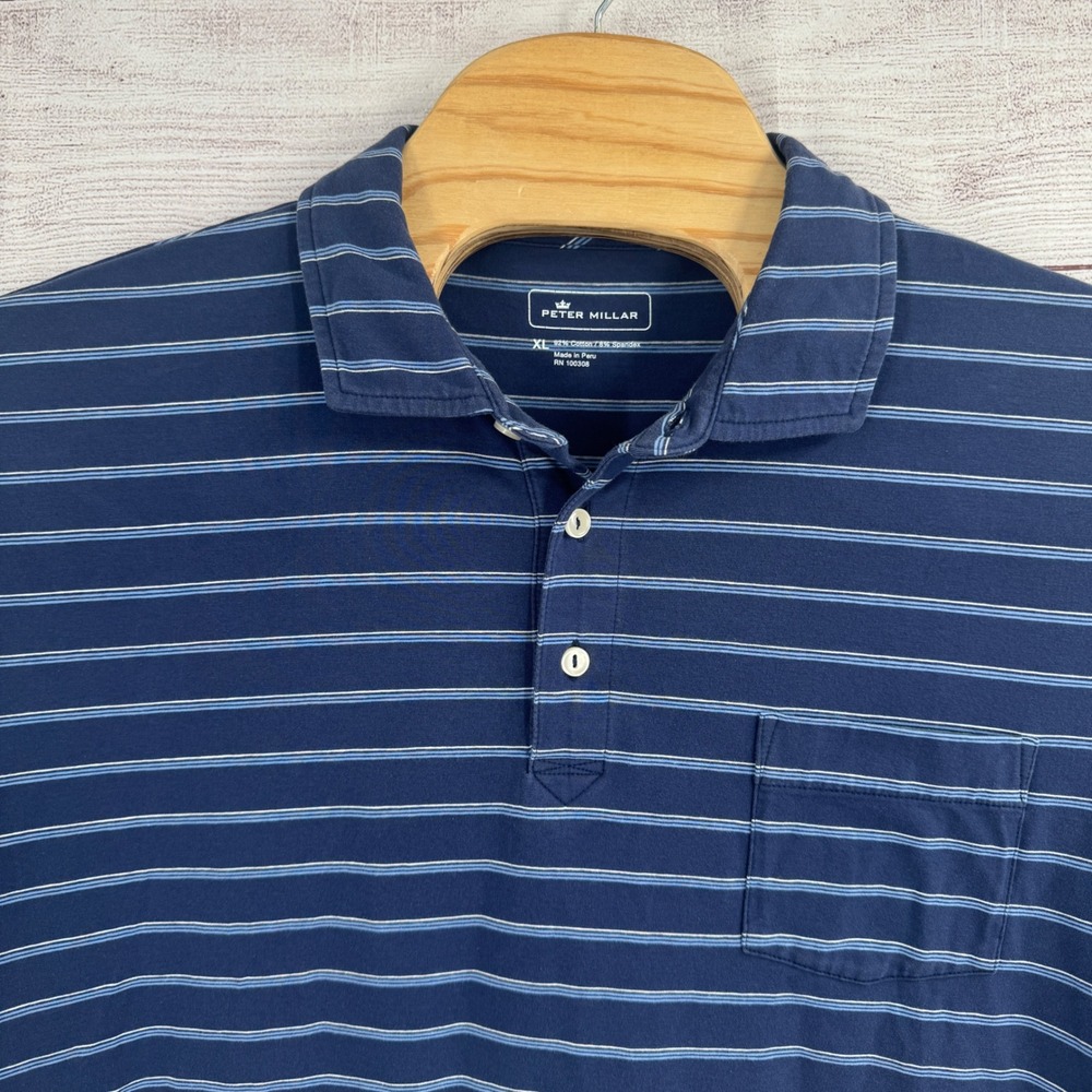 Peter Millar XL Polo Shirt Mens‎ Blue Striped Short Sleeve Cotton Blend